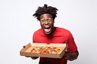 Happy African Young Man Enjoying Pizza Biting Tasty Slice pizza surprised person.