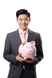 Happy Asian businessman holding pink piggy bank accessories accessory clothing.
