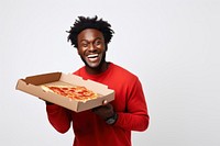 Joyful african american man holds box of pizza laughing person human.