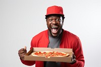 Joyful african american man holds box of pizza photo photography portrait.