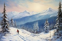A Hiker in winter mountains snowshoeing tree recreation landscape.