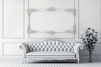 Blank white frame mockup couch furniture indoors.