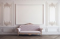 Blank white frame mockup couch furniture indoors.