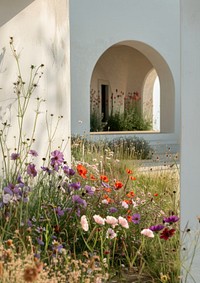 An architecture of an arch white wall flower purple garden.