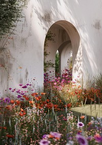 An architecture of an arch white wall flower garden purple.