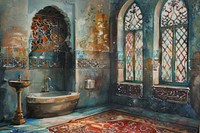 Ottoman painting of interior bathroom tile sink art.