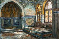 Ottoman painting of interior bathroom architecture building worship.