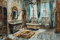 Ottoman painting of interior bathroom bathtub art deterioration.
