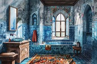 Ottoman painting of interior bathroom tile art architecture.