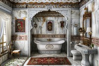 Ottoman painting of interior bathroom bathtub toilet sink.