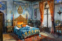 Ottoman painting of interior bedroom furniture chair architecture.