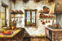 Ottoman painting of interior kitchen food architecture countertop.