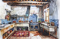 Ottoman painting of interior kitchen sink architecture accessories.