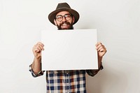 Happy man holding blank poster portrait glasses adult.