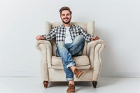 Happy man sitting on the armchair furniture portrait adult.