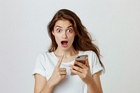 Young woman with shocking face adult phone hand.
