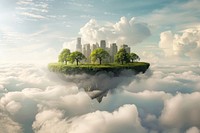 A city island is floating in the sky cloud architecture landscape.