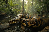Anaconda snake vegetation rainforest outdoors.