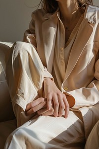 Detail of woman gentle skin in natural pastel color suit adult outerwear furniture.