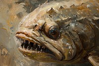 Oil painting of a close up on pale monster animal fish underwater.