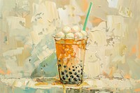 Oil painting of a close up on pale bubble tea drink food refreshment.