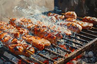 Oil painting of a close up on pale bbq grilling cooking food.