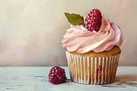 Oil painting of a close up on pale cupcake dessert fruit berry.
