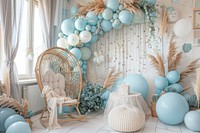 A room decorate for baby welcoming event with balloons furniture party architecture.