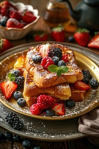 Focaccia French Toast with berries on golden plate berry breakfast pancake.