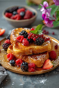 Focaccia French Toast with berries on golden plate berry breakfast fruit.