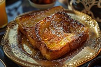 Focaccia French Toast on golden plate breakfast bread toast.