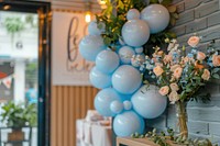 A corner decorate for baby welcoming event balloon architecture centrepiece.