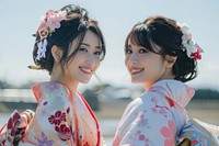 Smiling Yukata 2 women portrait fashion kimono.