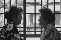 Smilling 2 friends senior women in yukata portrait window adult.