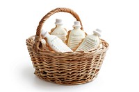A basket with white baby bottle cookies white background container freshness.
