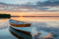 Anchored Wayfarer sixteen foot dinghy sailboat on a calm freshwater cottage lake outdoors horizon vehicle.