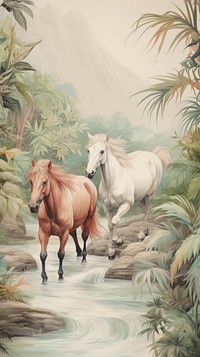 Wallpaper running horses sketch outdoors painting.