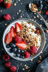 A bowl of almond buckwheat granola with yogurt and berries breakfast berry food.