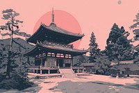 CMYK Screen printing Japanese temple architecture building pagoda.