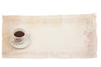 Adhesive tape is stuck on a coffee ephemera collage saucer paper drink.