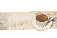 Adhesive tape is stuck on a coffee ephemera collage saucer paper drink.