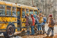 Children getting on the schoolbus footwear vehicle adult.