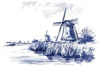 Antique of Windmills in Kinderdijk windmill sketch illustrated.