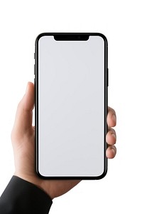 Smart phone with case holding hand white background.