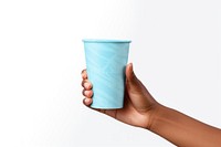 hand holding blue cup