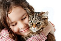 A young girl hugging a cat pet portrait animal.