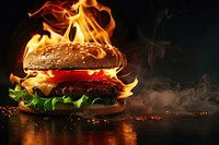 Burger fire flame food black background hamburger.
