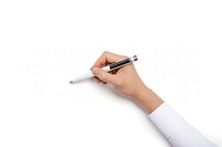 Hand holding a pen writing white background handwriting technology.