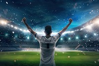Soccer player in action happy celebration on night stadium football sports soccer.