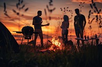 People party camping with BBQ grilling meat outdoors bonfire person.